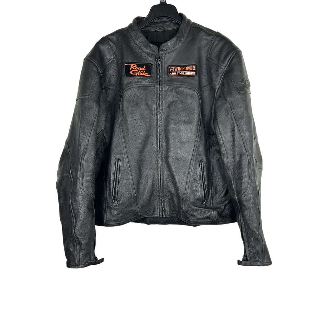Bilt Leather Motorcycle Jacket Men' Size 52 Black W/Harley Davidson Patches